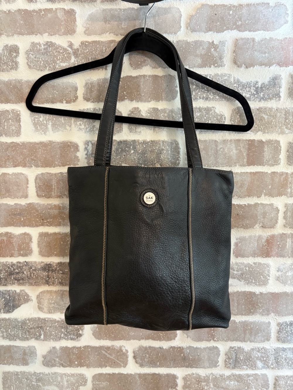The Sak Black Pebbled Leather Tote with Contrast Stitching